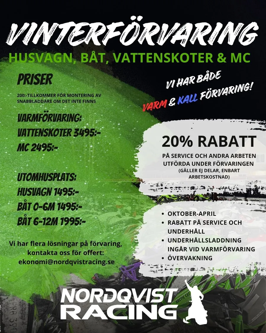 Affisch för Skoterns dag 24–25 oktober hos Nordqvist Racing på Fredriksgatan 73 – invigning av nya butiken och 10 års jubileum